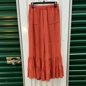 Umgee Terracotta Wide Leg Ruffle Pants